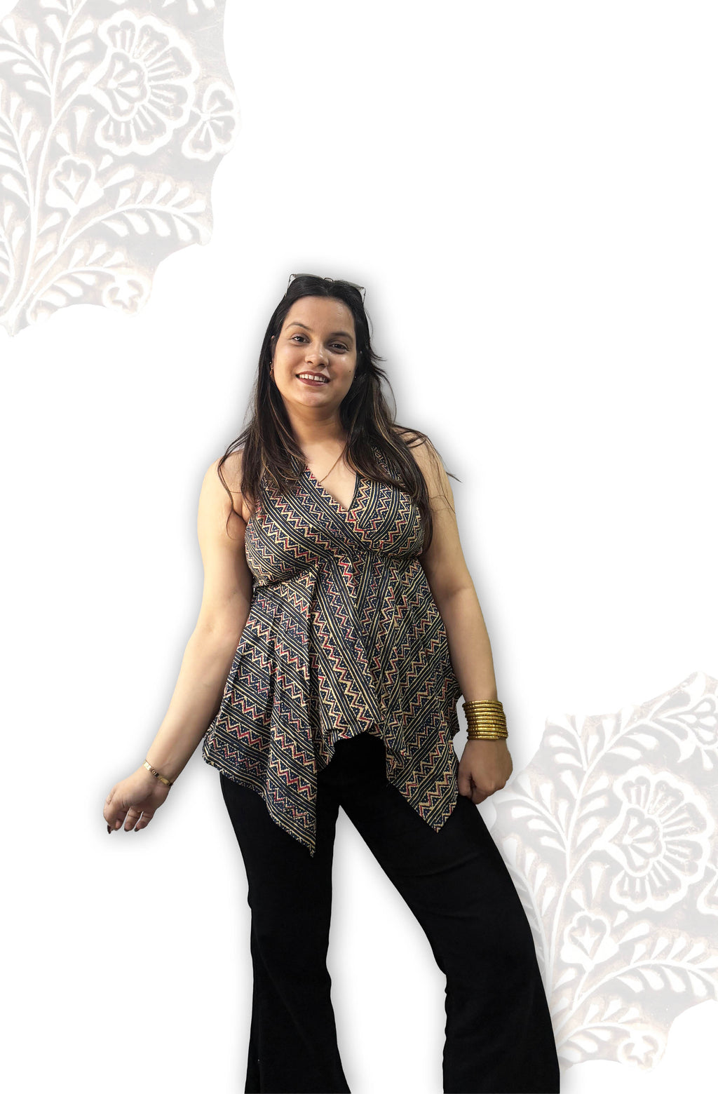 Blue Geometric Print Cotton Halter-Neck Top for Women