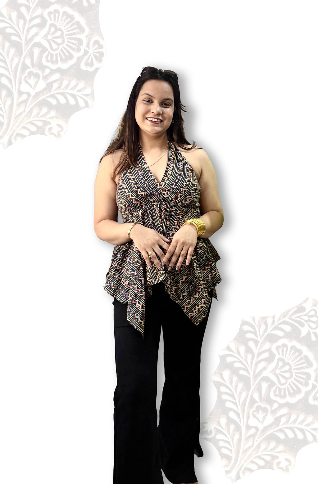 Blue Geometric Print Cotton Halter-Neck Top for Women