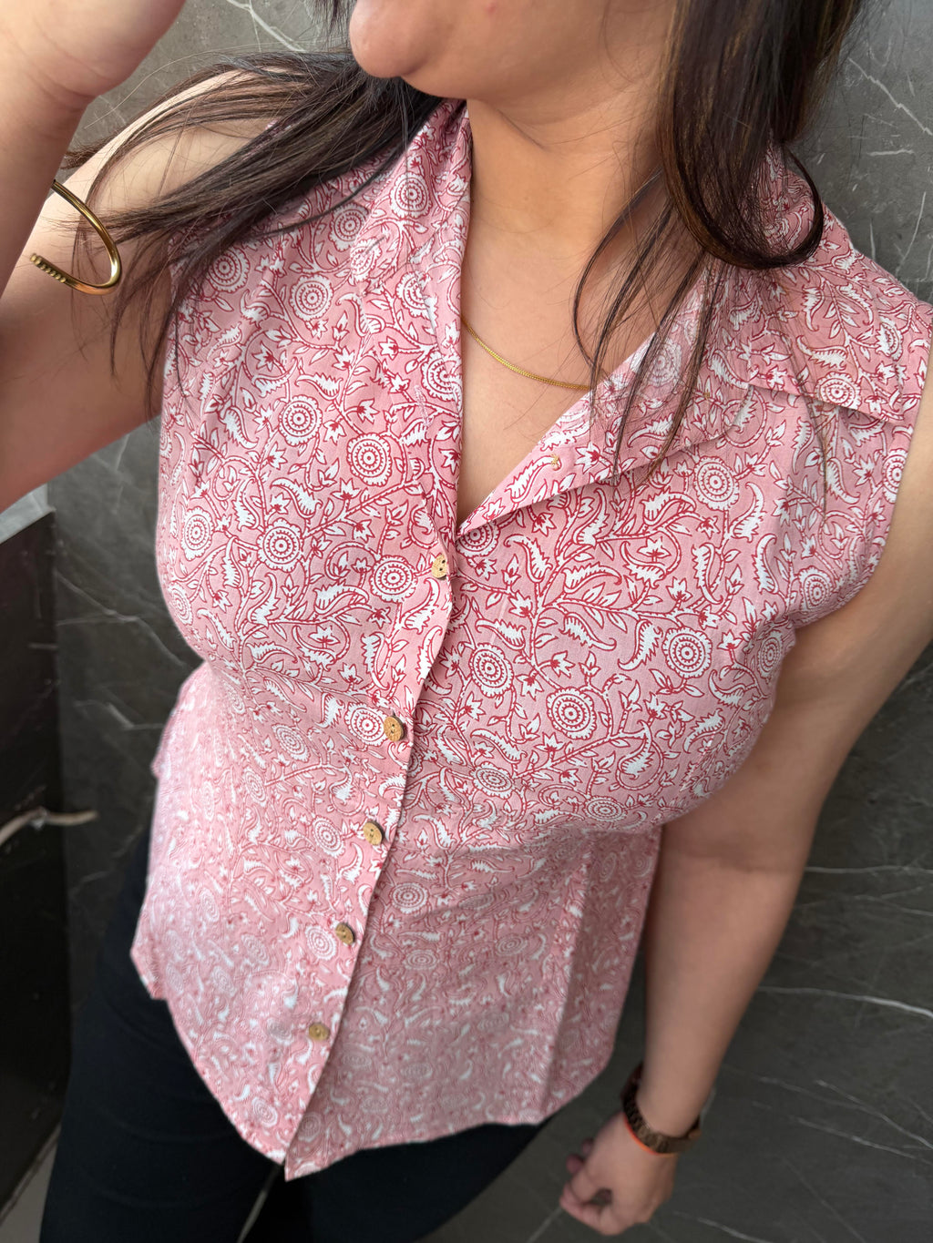 Rose Pink Ethnic Print Cotton Sleeveless Shirt Style Top
