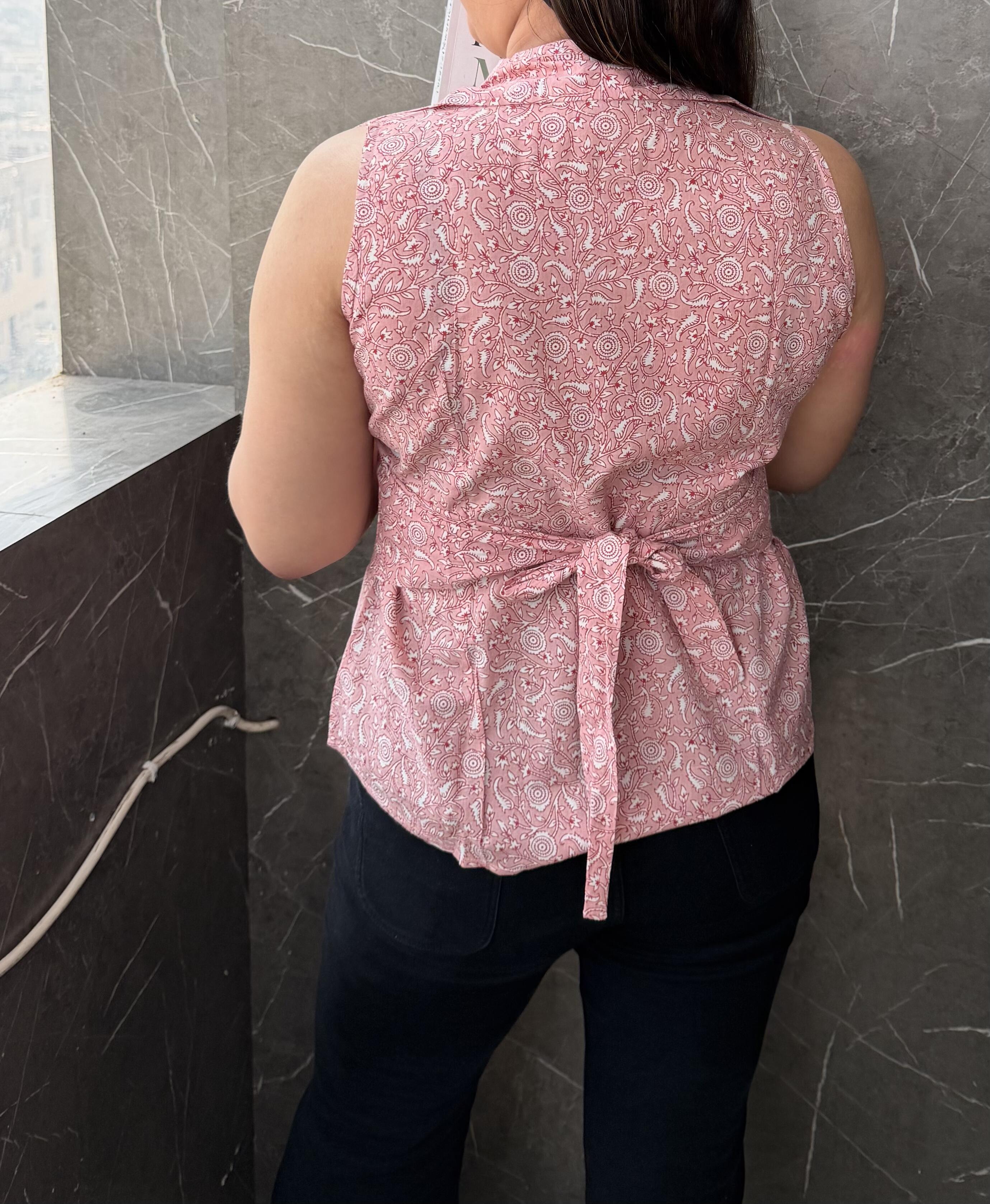 Rose Pink Ethnic Print Cotton Sleeveless Shirt Style Top