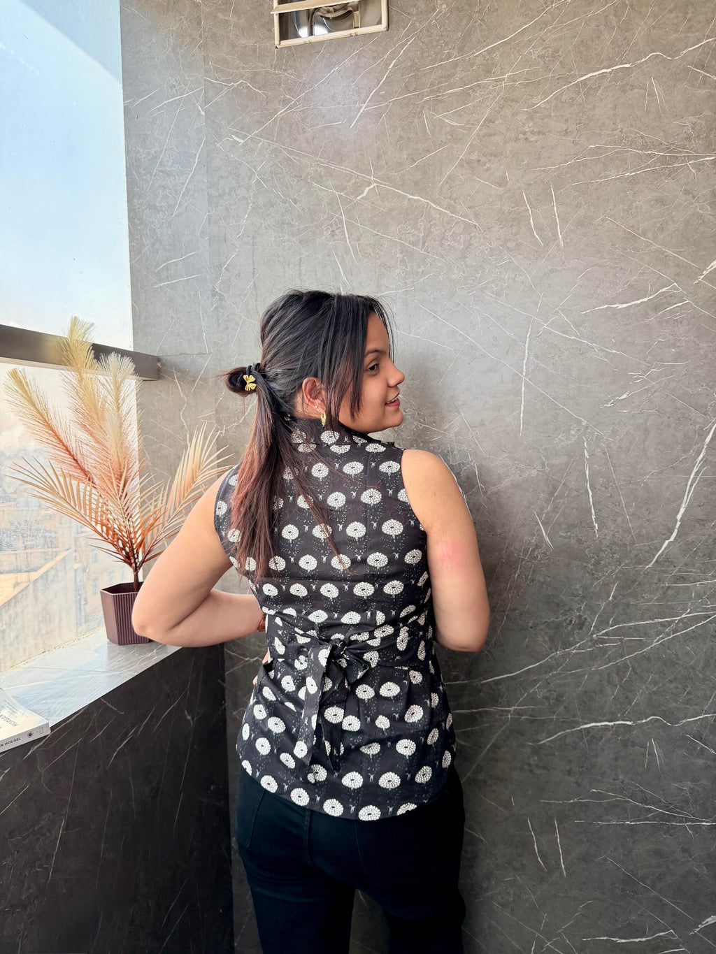 Black Ethnic Motif Cotton Sleeveless Shirt Style Top