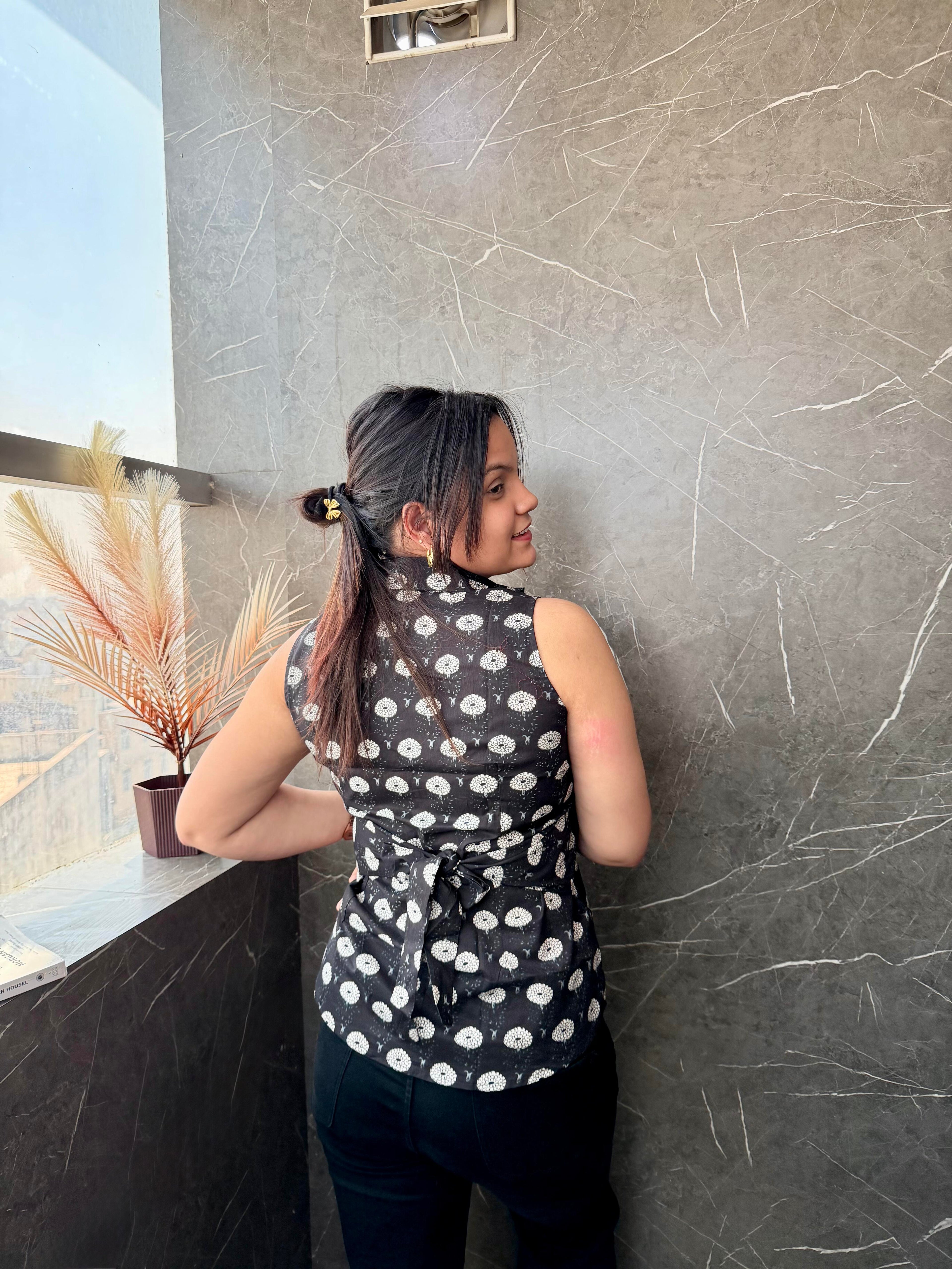 Black Ethnic Motif Cotton Sleeveless Shirt Style Top