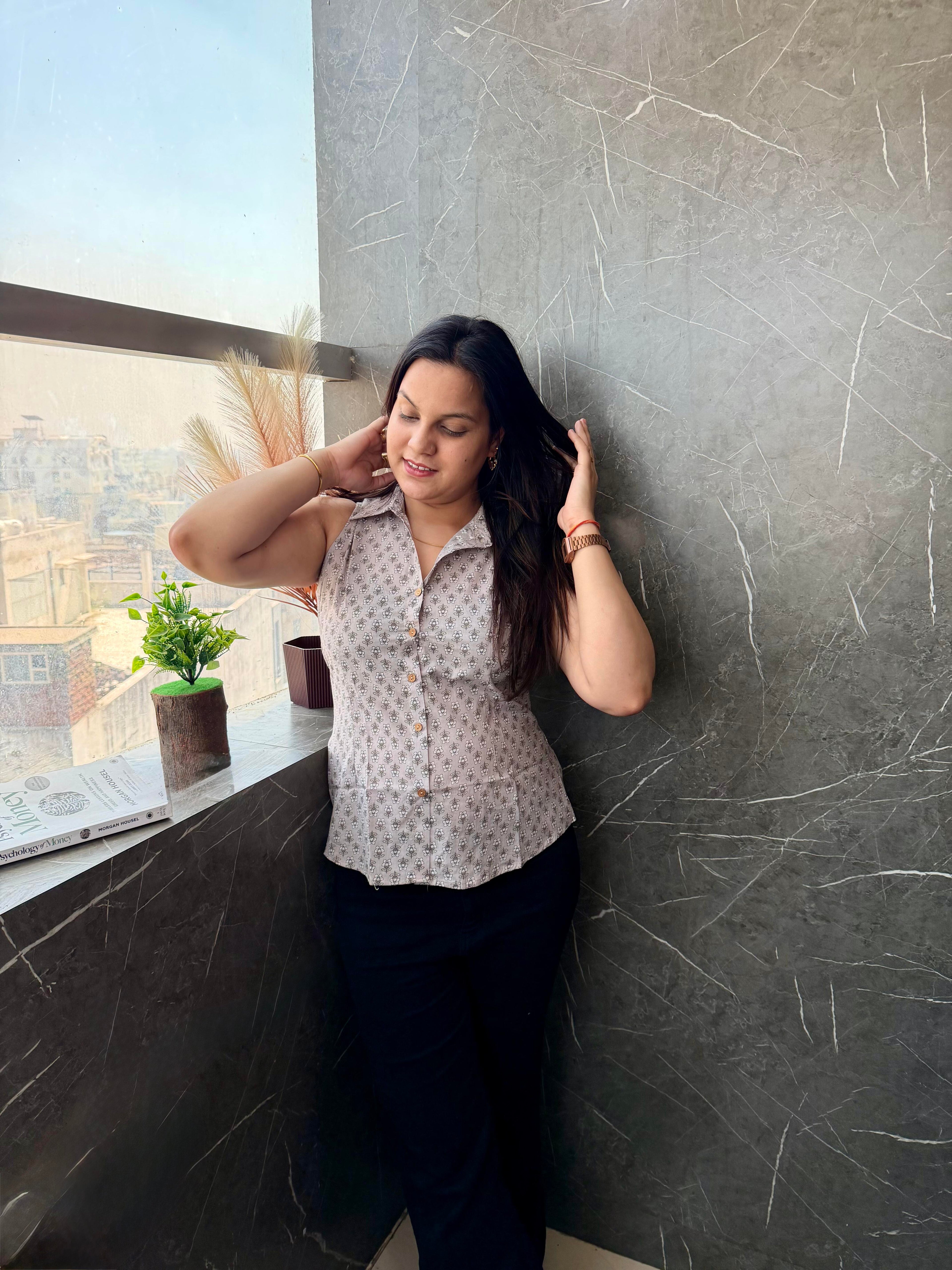 Beige Ethnic Print Cotton Sleeveless Shirt Style Top