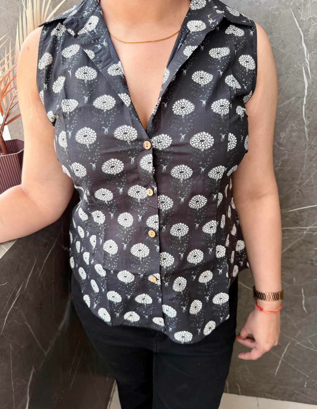 Black Ethnic Motif Cotton Sleeveless Shirt Style Top