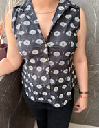 Black Ethnic Motif Cotton Sleeveless Shirt Style Top