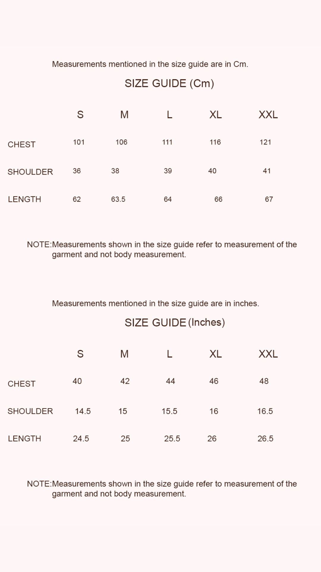Size chart for Sunblush Cotton Shirt