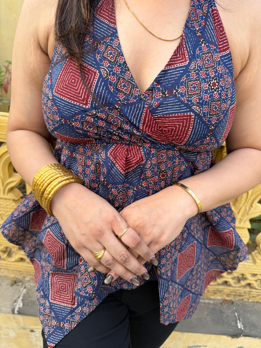 Indigo Ethnic Print Cotton Halter-Neck Top for Women