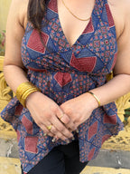 Indigo Ethnic Print Cotton Halter-Neck Top for Women