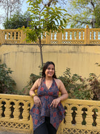 Indigo Ethnic Print Cotton Halter-Neck Top for Women
