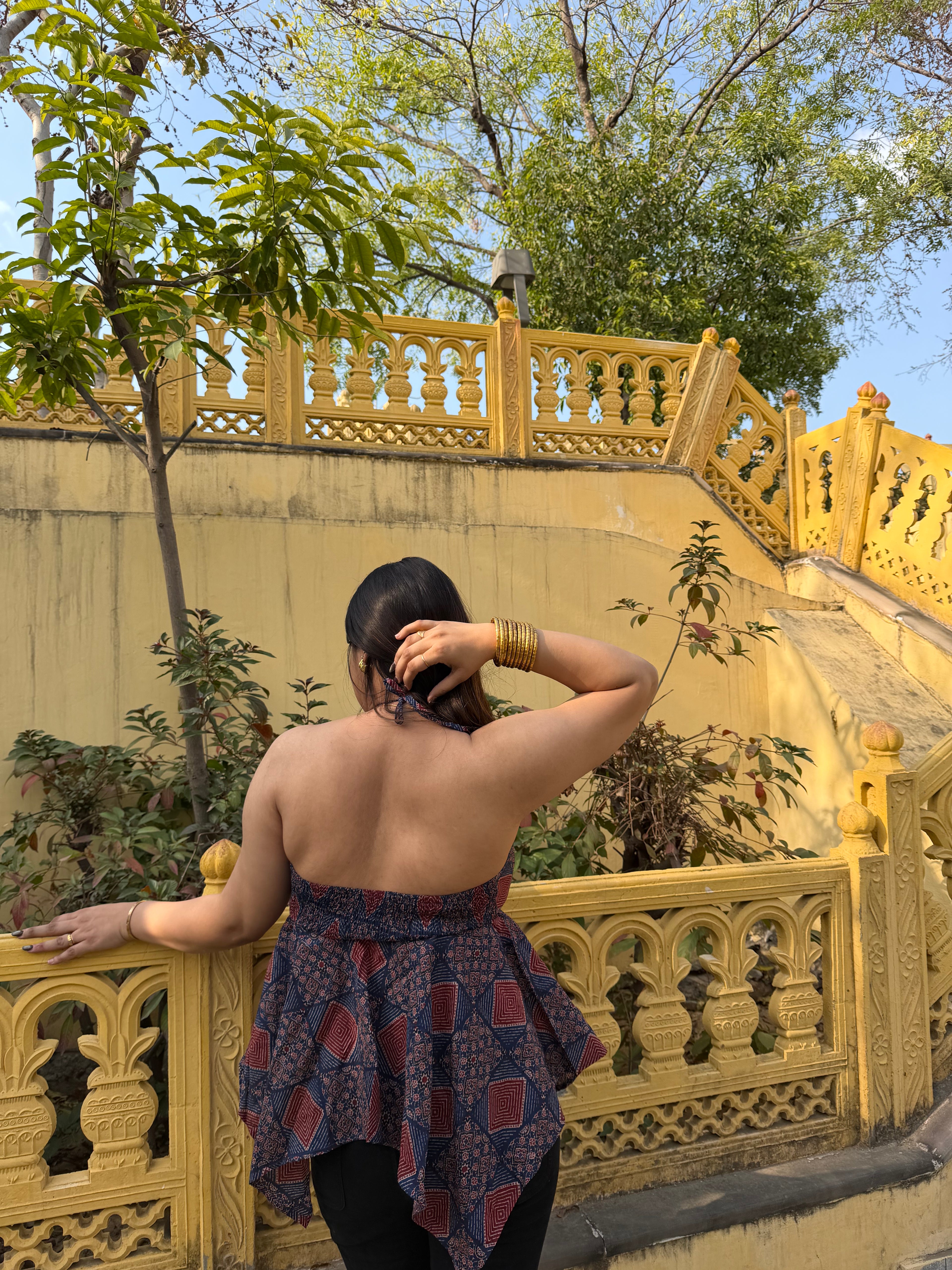 Indigo Ethnic Print Cotton Halter-Neck Top for Women