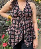 Black Floral Print Cotton Halter-Neck Top for Women