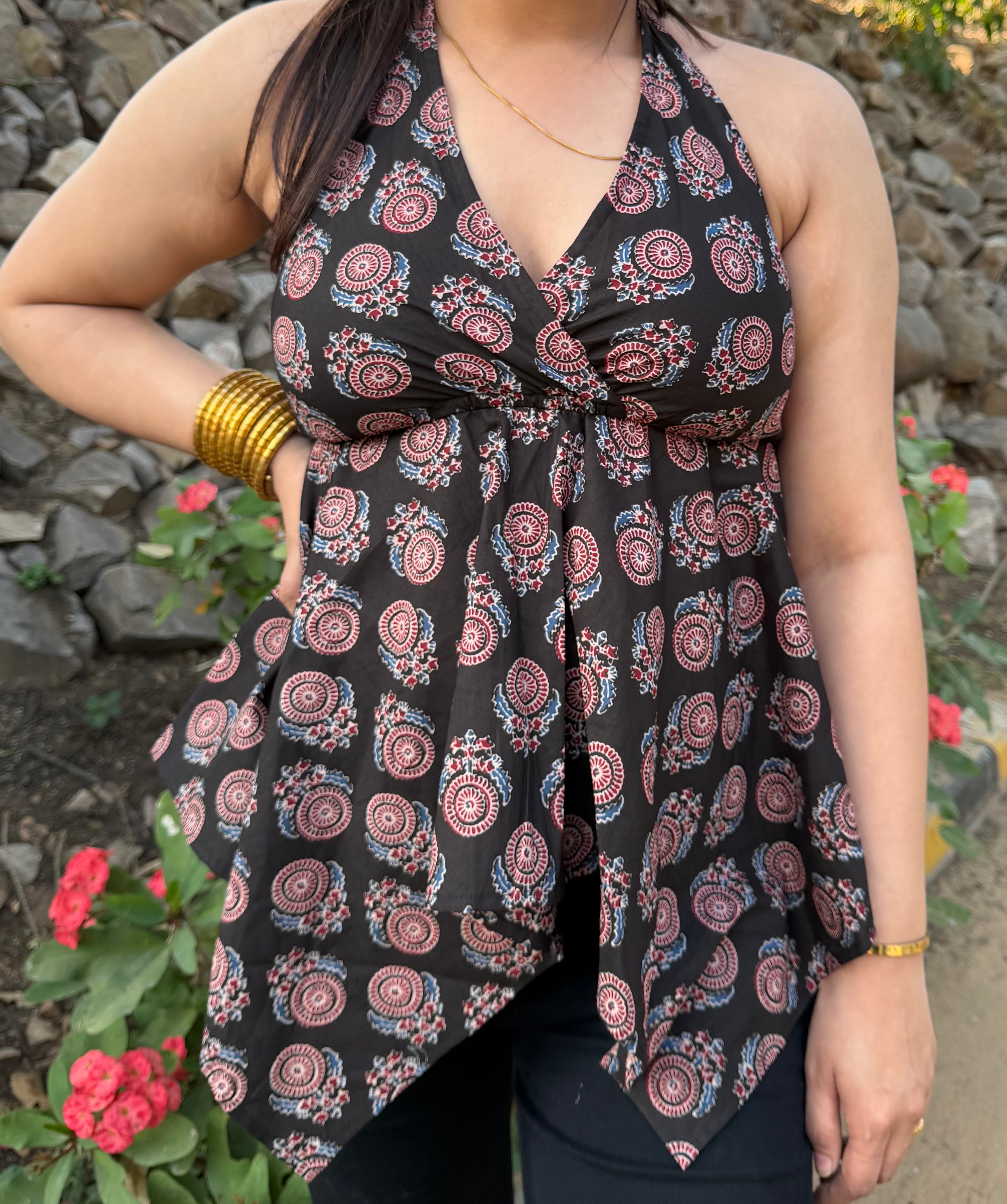 Black Floral Print Cotton Halter-Neck Top for Women