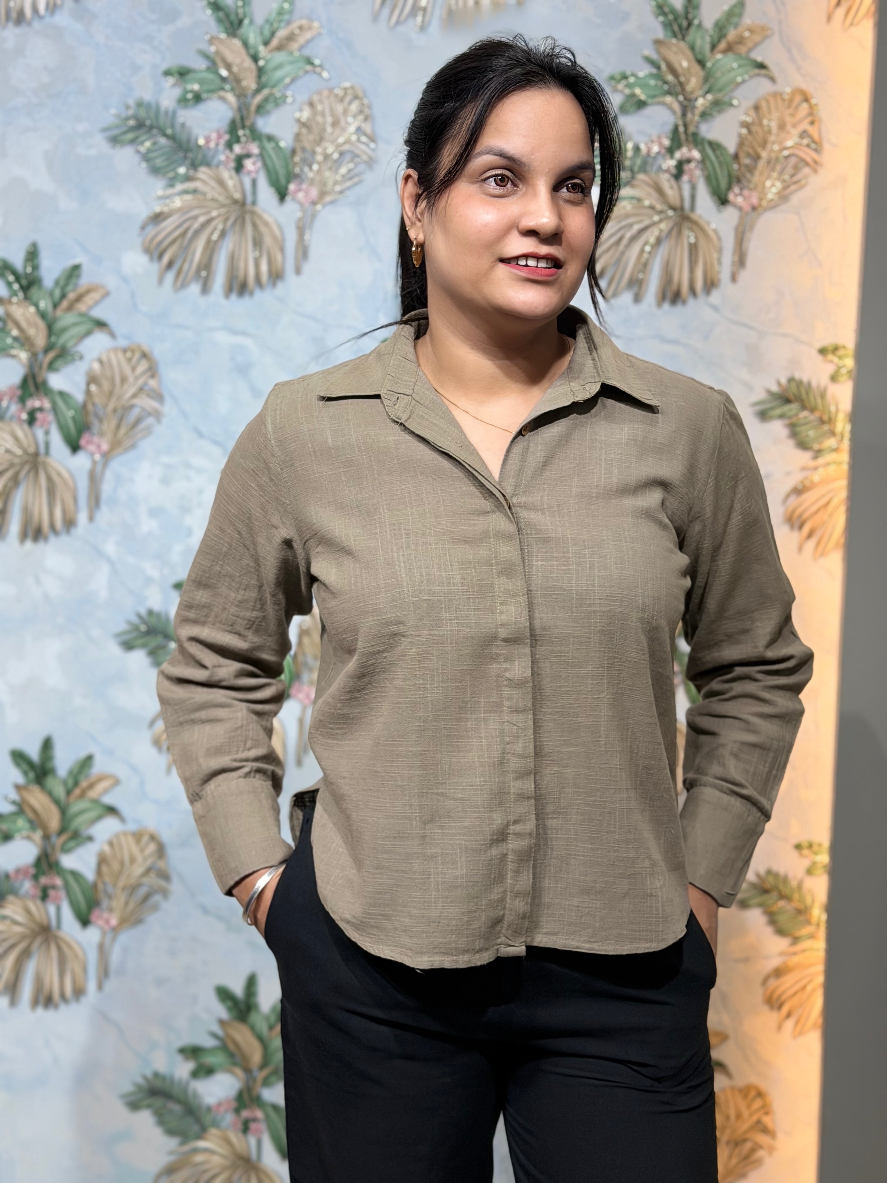 Olive Green Cotton Slub Shirt for Women