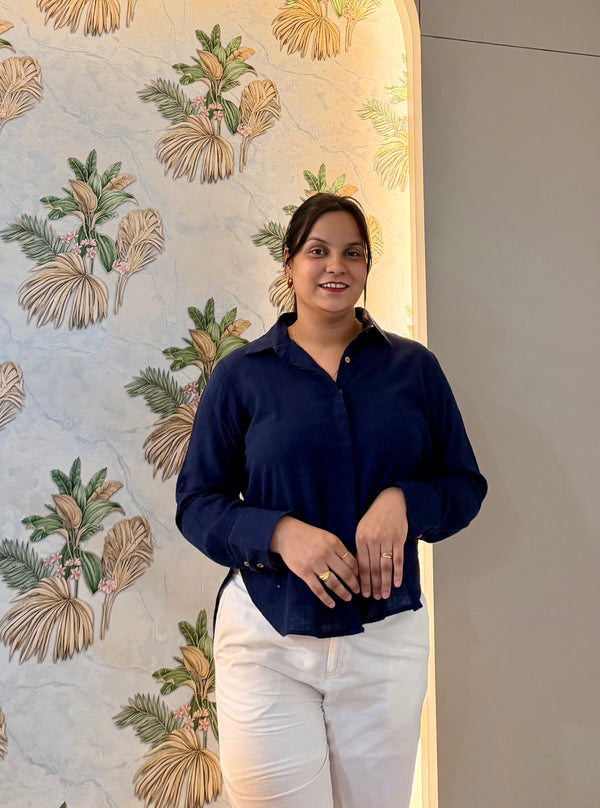 Navy Blue Cotton Slub Shirt for Women