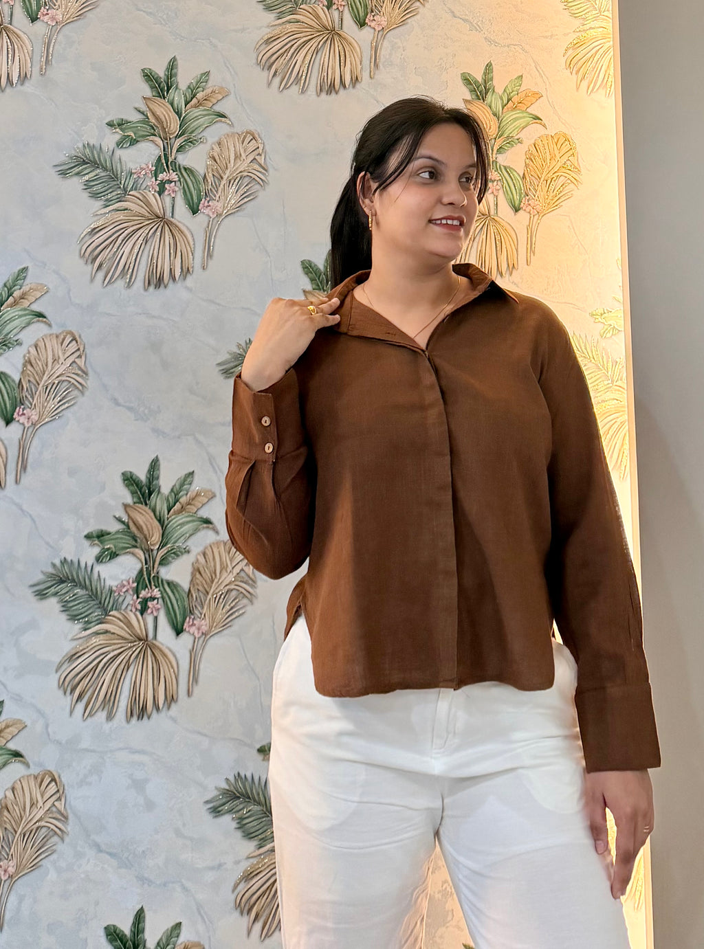 Rust Brown Cotton Slub Shirt for Women