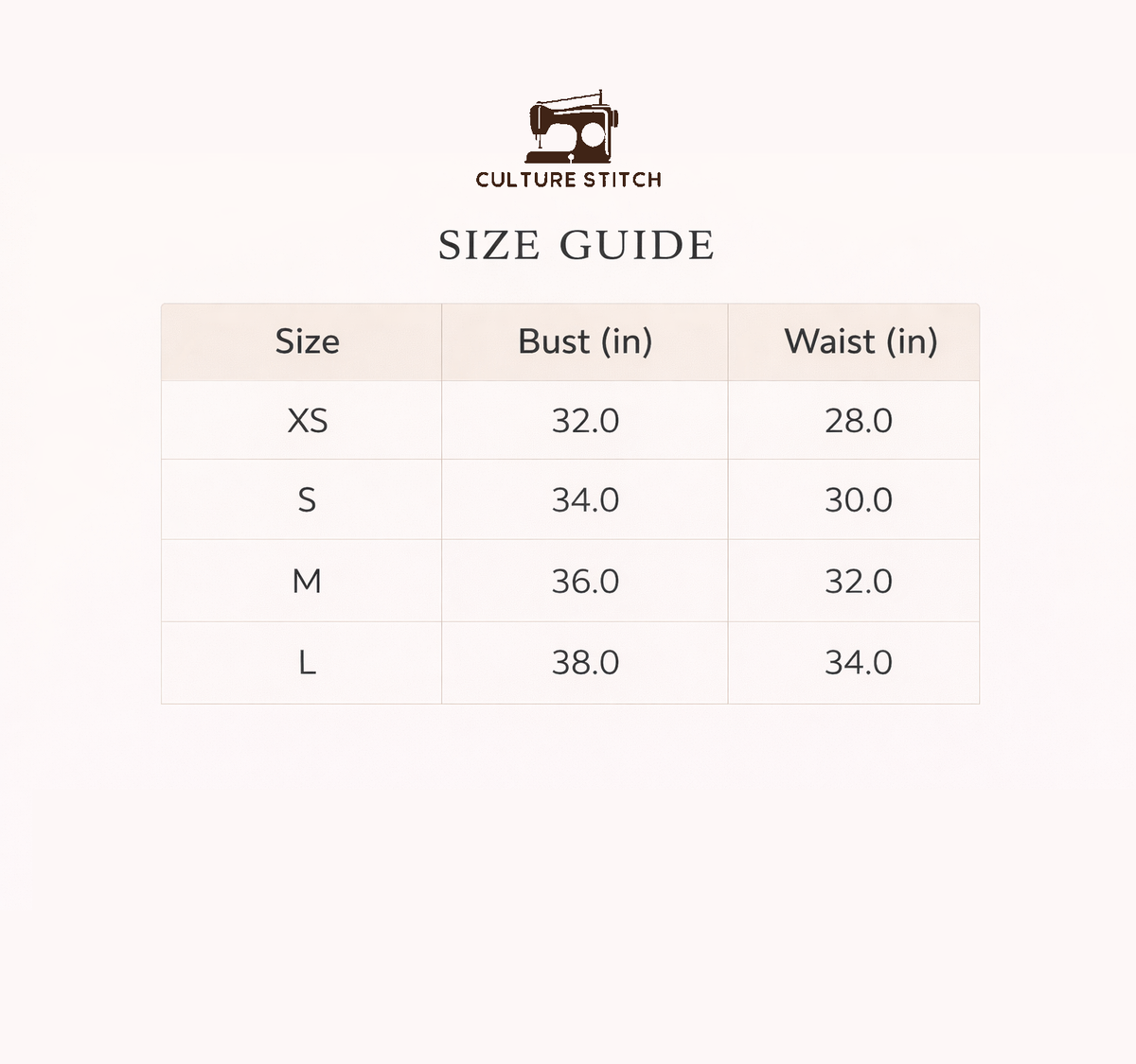 Size chart for Kuhu Cotton Waistcoat
